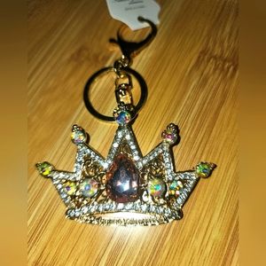 Crown Rhinestone Keychain Purse Charm Pink and Iridescent